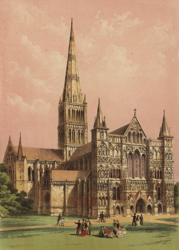Katedralen i Salisbury, Wiltshire (färglitografi) av English School