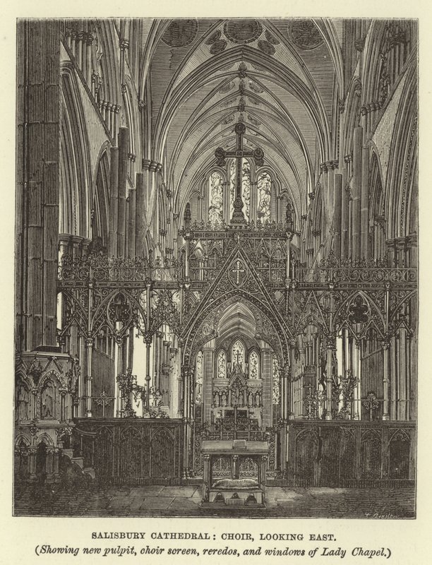 Salisbury Cathedral, kör, tittar österut, visar ny predikstol, körskärm, reredos och fönster i Lady Chapel av English School