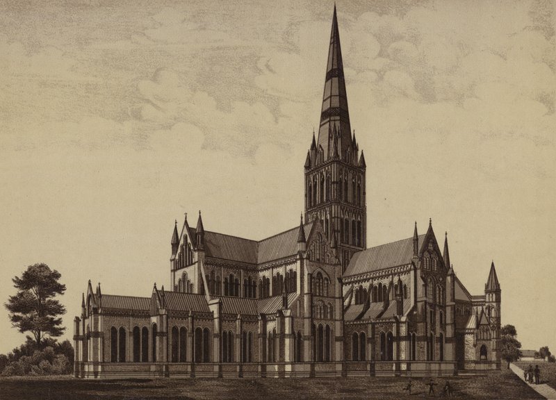 Salisbury Cathedral, från nordöstra (litho) av English School
