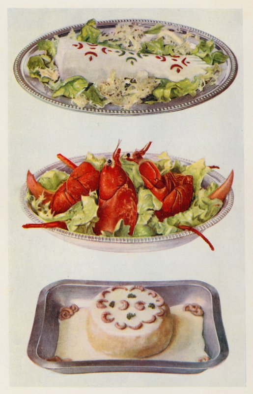 Laxmajonnäs, hummersallad, fisksufflé (färglitografi) av English School