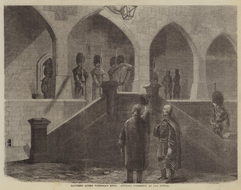 Saluterar drottning Victorias nycklar, antik ceremoni vid tornet (gravyr) av English School