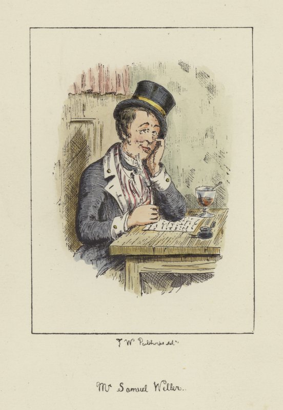 Sam Weller, från Pickwick Papers, av Charles Dickens av English School