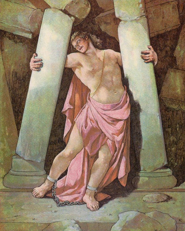 Samson bryter ner pelarna i templet (färglitografi) av English School