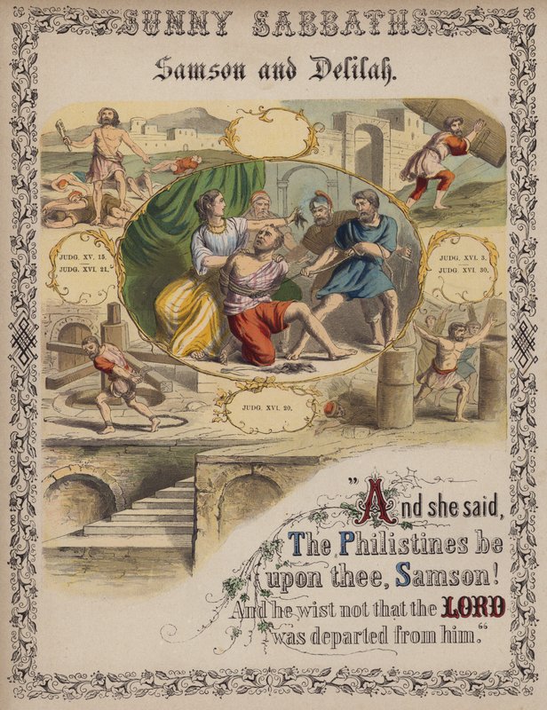 Simson och Delila (färgad gravyr) av English School