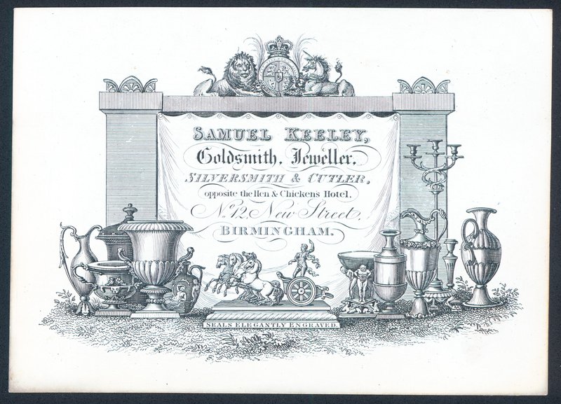 Samuel Keeley, guldsmed, juvelerare, silversmed och skärare, handelskort av English School