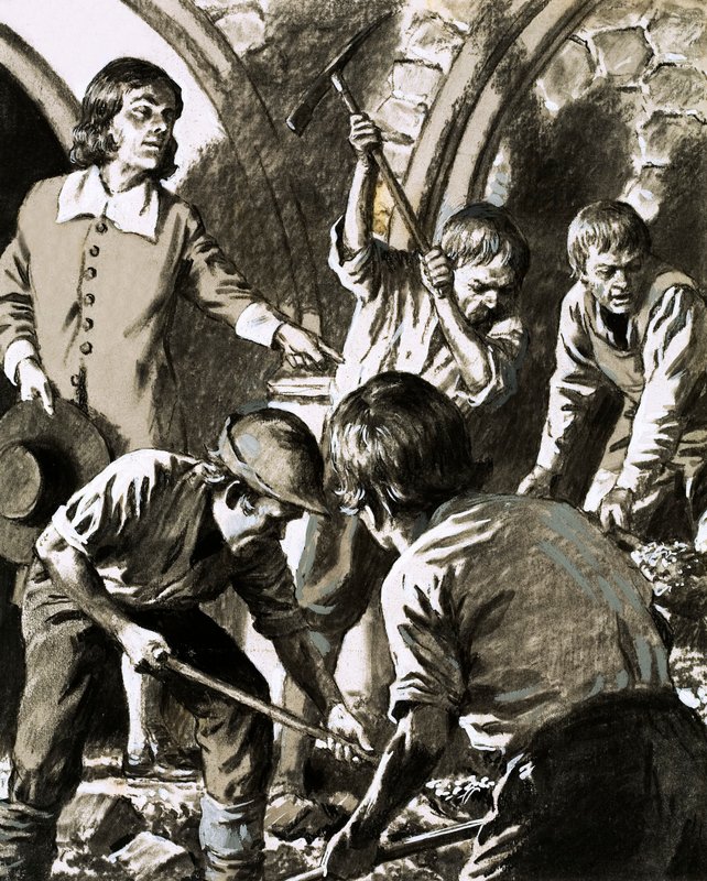 Samuel Pepys spelade in hur han försökte hitta Barksteads skattkammare (gouache på papper) av English School