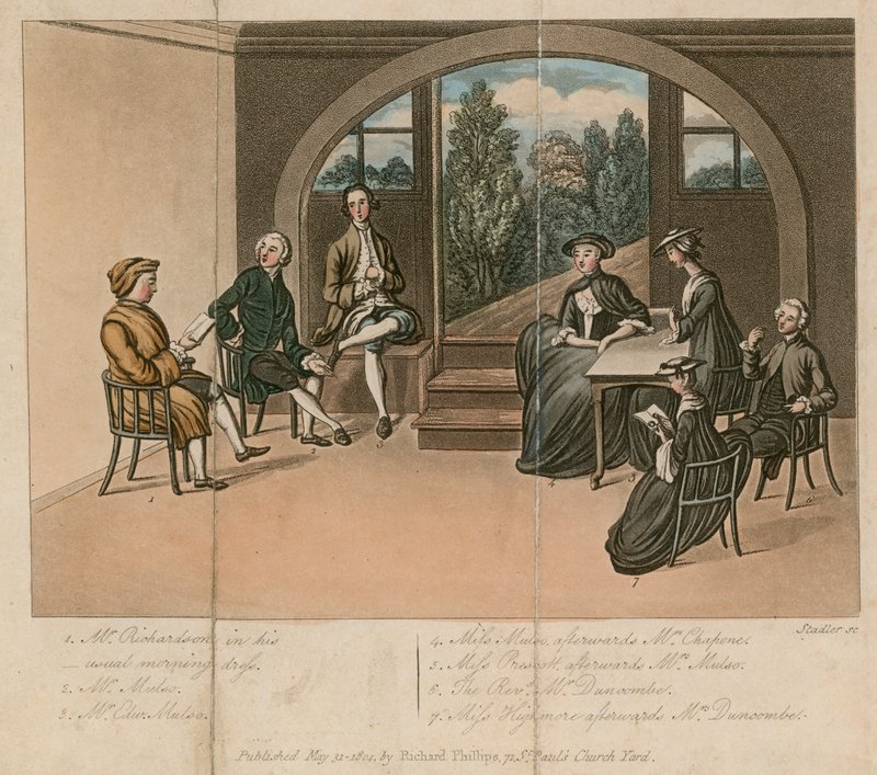 Samuel Richardson läser Gradison at the Grange, Fulham, London av English School