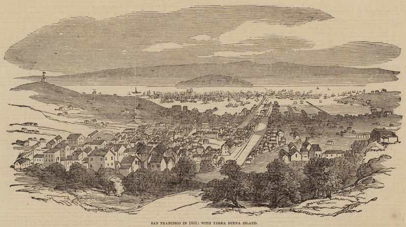 San Francisco 1851, med ön Yerba Buena (gravyr) av English School