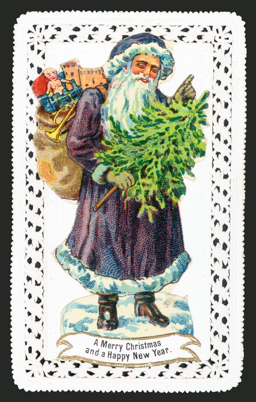 Jultomten med leksakssäck och träd, julkort av English School
