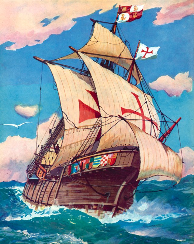 Santa Maria, Christopher Columbus (färg litho) av English School
