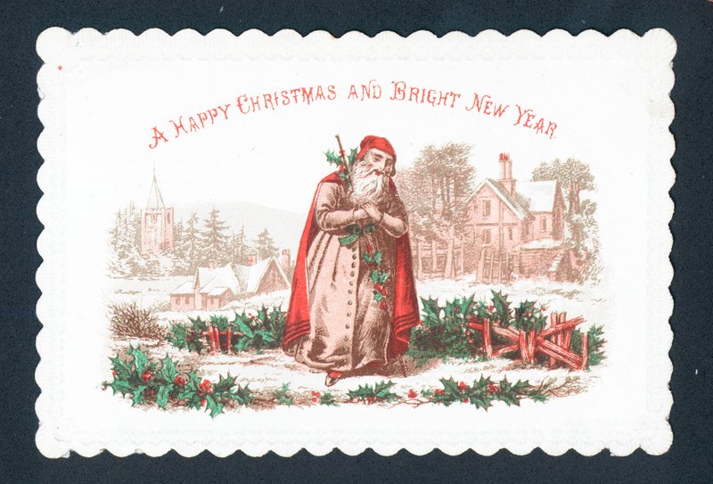 Santa i snöiga fält, julkort av English School