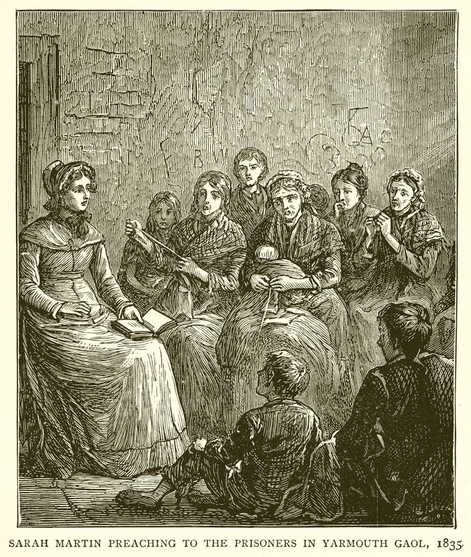 Sarah Martin predikar för fångarna i Yarmouth fängelse, 1835 av English School