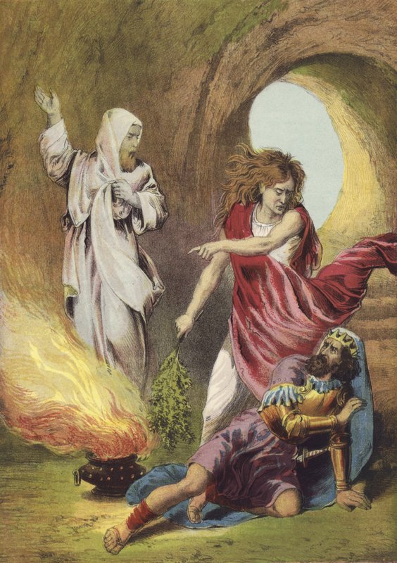 Saul och häxan från Endor (färg litho) av English School