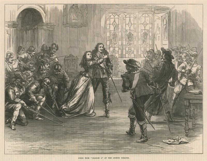 Scen från Charles I på Lyceum Theatre, London av English School