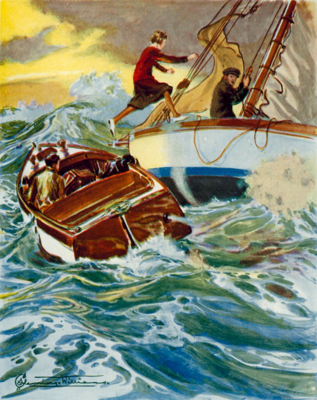 Scen från Four Valves and Sheila: en kvinna hoppar från en motorbåt till en yacht i grov sjö (färglitografi) av English School