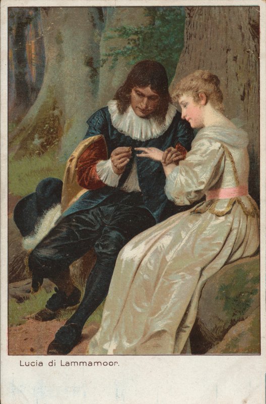 Scen ur Gaetano Donizettis tragiska opera Lucia di Lammermoor (chromolitho) av English School