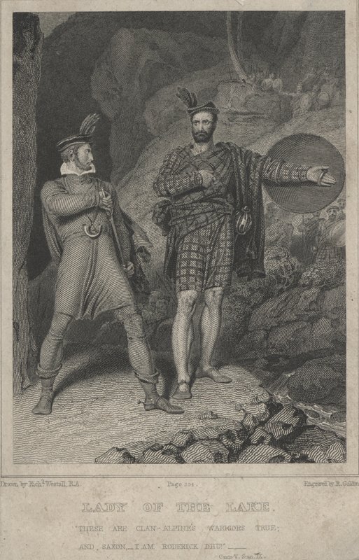 Scen från Sir Walter Scotts dikt The Lady of the Lake (gravyr) av English School