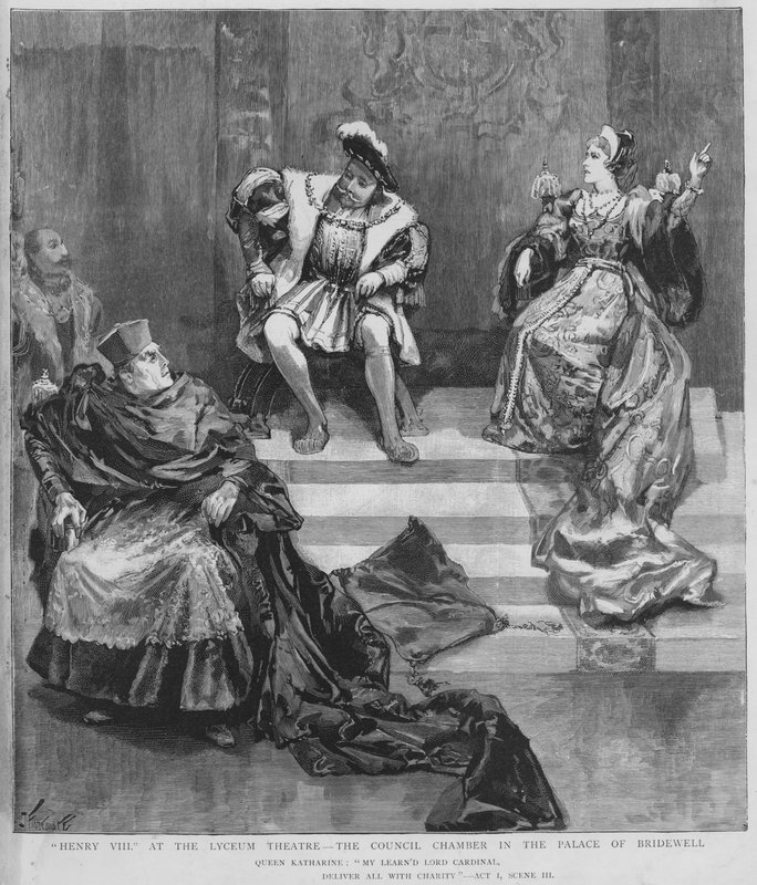 Scen från en produktion av Shakespeares Henry VIII på Lyceum Theatre, London (litho) av English School