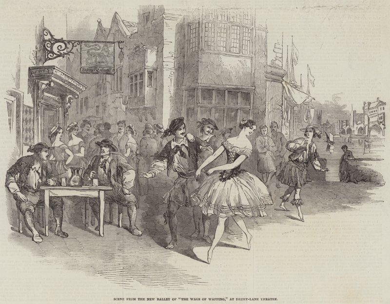 Scen från den nya baletten av "The Wags of Wapping" på Drury-Lane Theatre (gravyr) av English School