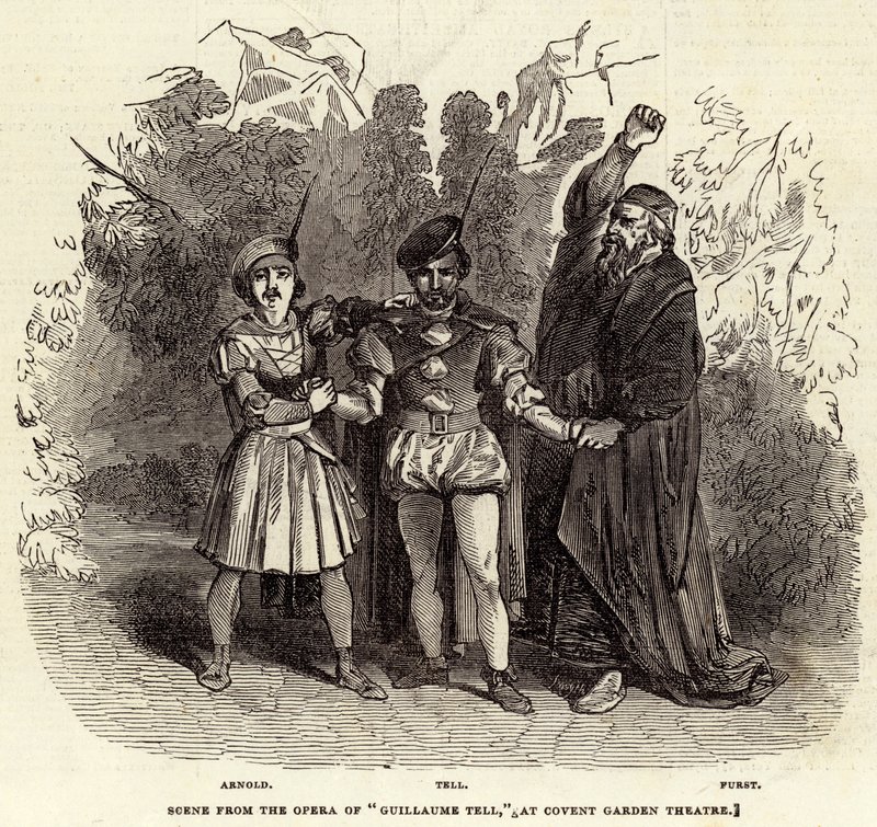 Scen från Operan av "Guillaume Tell," på Covent Garden Theatre (gravyr) av English School