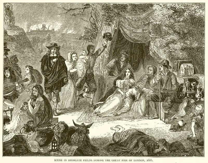 Scen i Highgate Fields under den stora branden i London, 1666 av English School