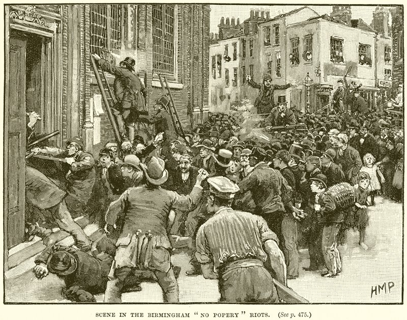 Scen i Birmingham No Popery Riots av English School
