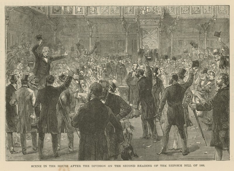Scen i underhuset efter splittringen vid den andra behandlingen av 1866 års reformproposition av English School