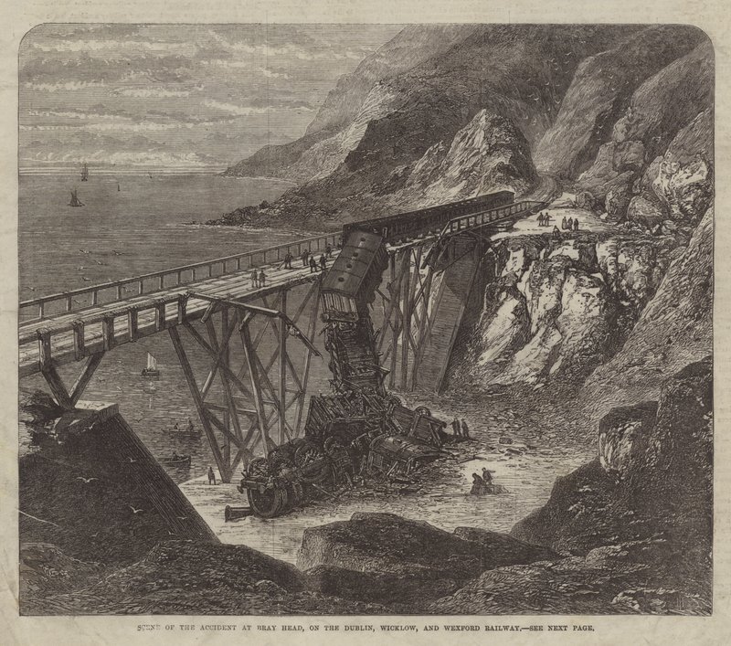 Scenen för olyckan vid Bray Head, på Dublin, Wicklow och Wexford Railway (gravyr) av English School