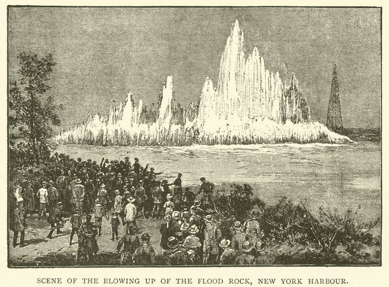Scen för sprängningen av Flood Rock, New York Harbor (gravyr) av English School
