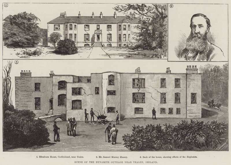 Scen av Dynamite Outrage nära Tralee, Irland (gravyr) av English School