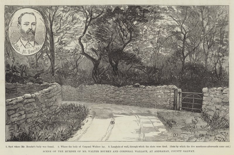Scen för mordet på herr Walter Bourke och korpral Wallace, i Ardrahan, County Galway av English School