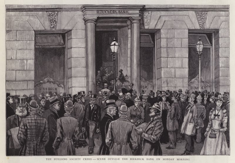 Scen utanför Birkbeck Bank, London, under byggnadskrisen 1892 (litho) av English School