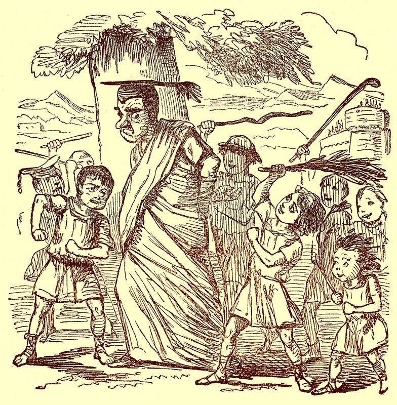 School-boys Flogging the Schoolmaster, illustration från The Comic History of Rome av Gilbert Abbott a Beckett, publicerad ca 1850 (digitalt förbättrad bild) av English School