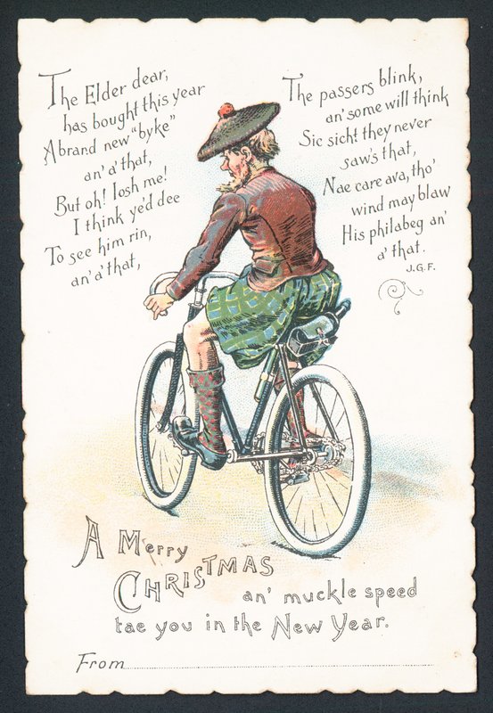 Skott på cykel, julkort av English School