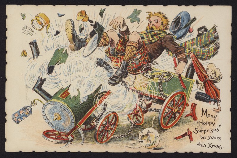 Scotsman rider på en exploderande ångmaskin (chromolitho) av English School