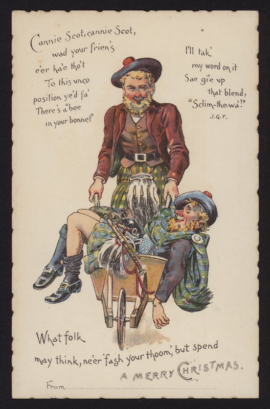 Skott tar hem sin berusade vän i en skottkärra (chromolitho) av English School