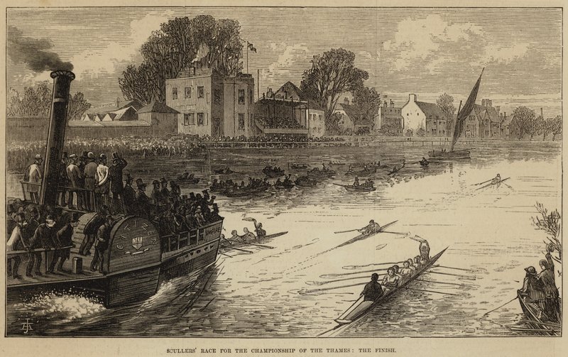 Scullers tävling om mästerskapet i Themsen, målgång (gravyr) av English School