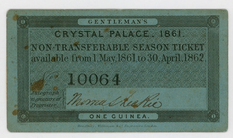 Säsongskort för inträde till Crystal Palace, 186162 av English School