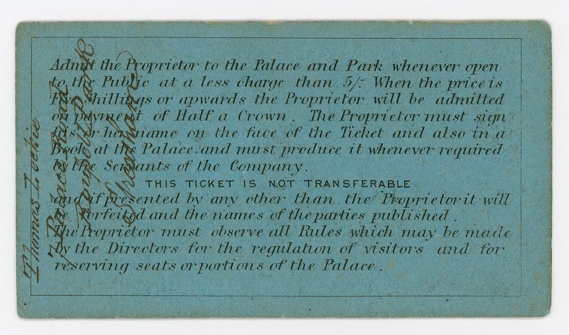 Säsongskort för inträde till Crystal Palace, 186162, omvänd, visar regler av English School