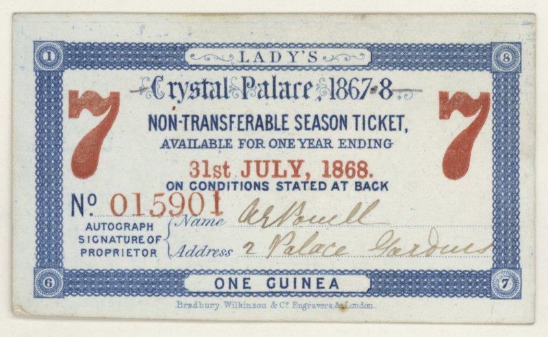 Säsongskort för Crystal Palace, London, 1867-1868 av English School