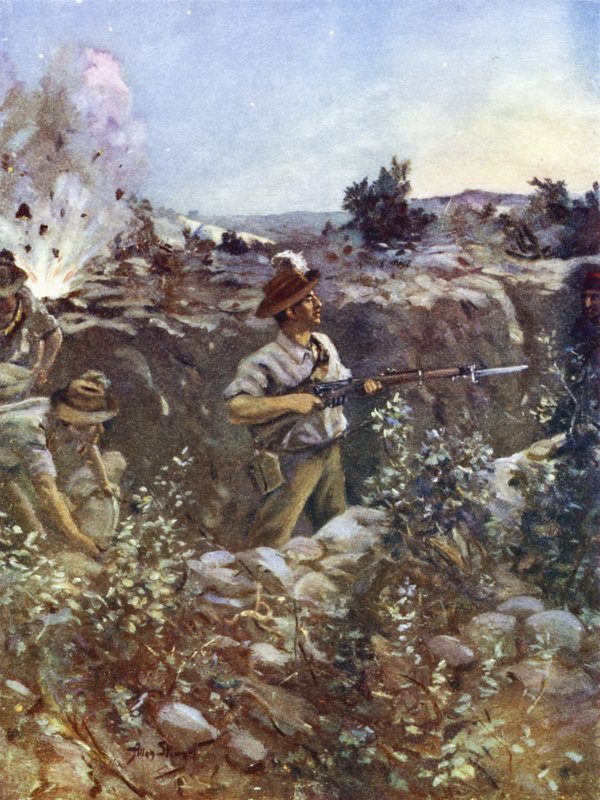 Sekundlöjtnant Hugo Throssell håller en del av ett tillfångat turkiskt skyttegrav mot fiendens motangrepp, Hill 60, Gallipoli, 29 augusti 1915 av English School