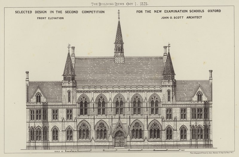 Vald design i den andra tävlingen för de nya examensskolorna Oxford, Front Elevation (gravyr) av English School