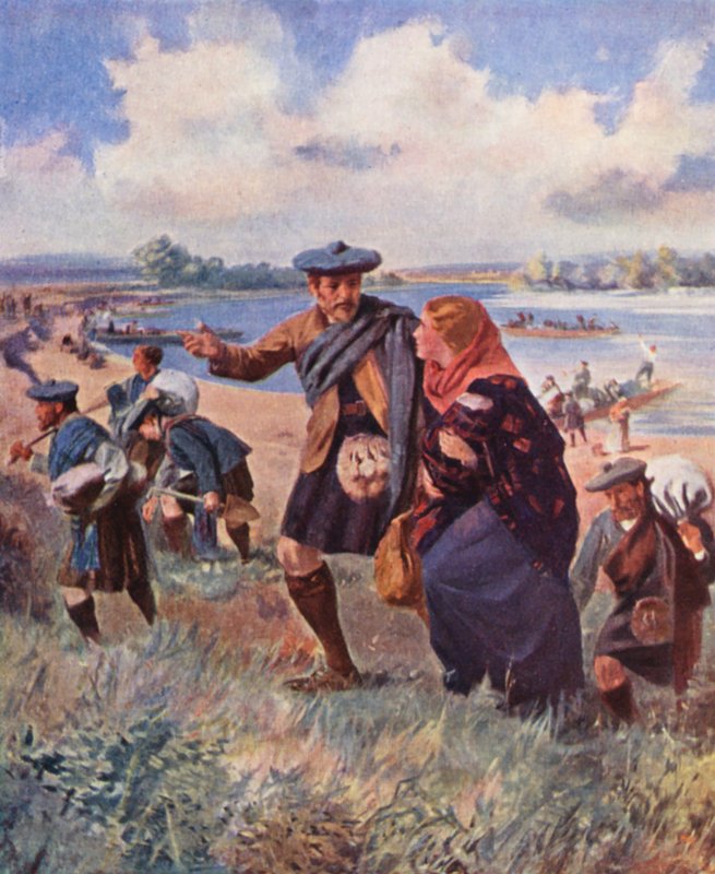 Nybyggare från Kildonan anländer till Red River, Manitoba (färglitografi) av English School