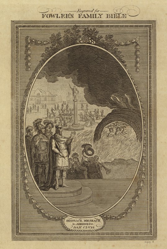 Sadrak, Mesak och Abed-Nego, Daniel, kapitel 3, vers 22 (gravyr) av English School