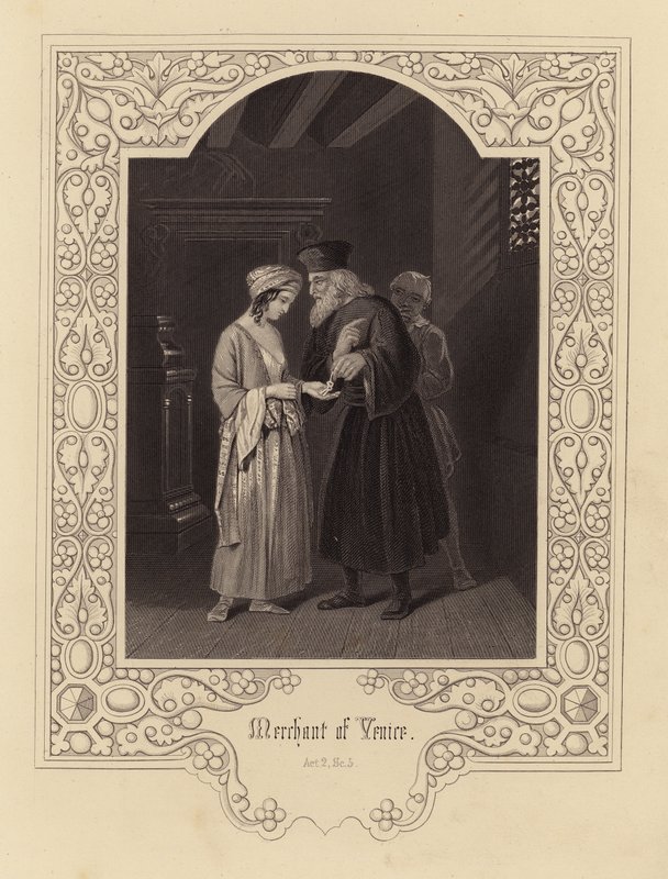 Shakespeare: Köpmannen i Venedig, akt 2, scen 5 (gravyr) av English School