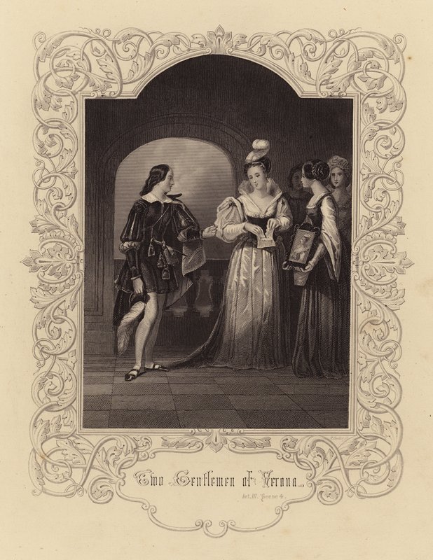 Shakespeare: Två herrar från Verona, akt IV, scen 4 (gravyr) av English School