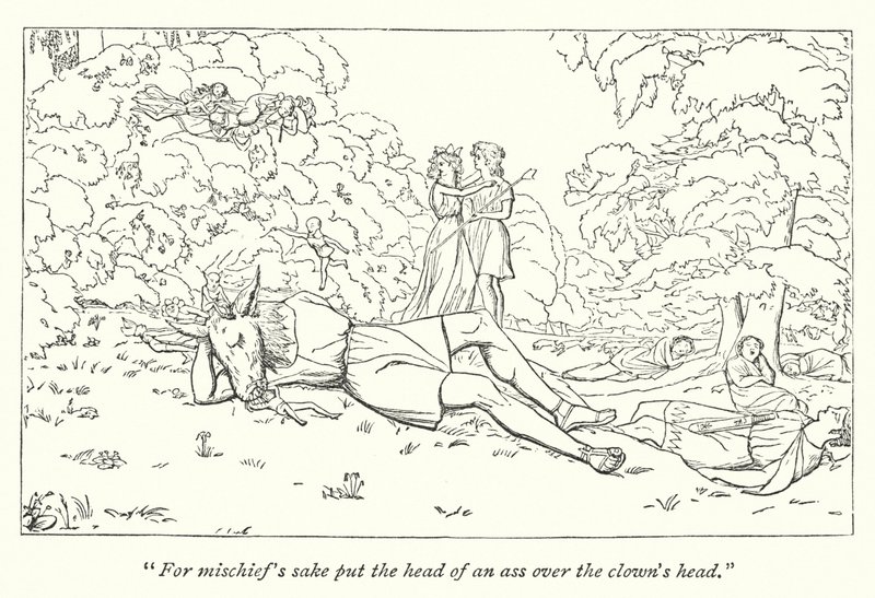 Shakespeares En midsommarnattsdröm; Oberon släpper Titania från förtrollningen (gravyr) av English School