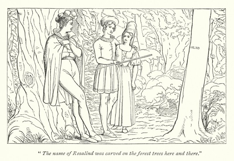 Shakespeares som du gillar det; Orlando ser Rosalind utklädd till Ganymedes (gravyr) av English School