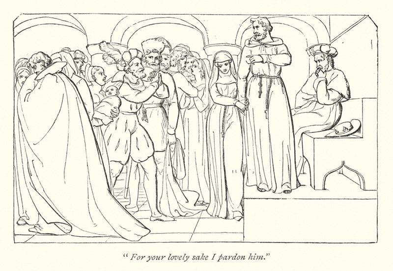 Shakespeares mått för mått; Claudio benådad av hertigen (gravyr) av English School