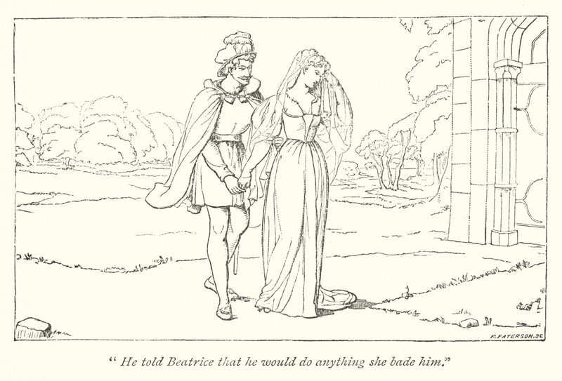 Shakespeares Much Ado About Nothing; Beatrice beklagar Heros skam mot Benedick (gravyr) av English School